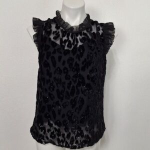 J.Crew Black Whimsigoth Flocked Velvet Leopard Print Sheer Ruffle Neck Top Sz.4